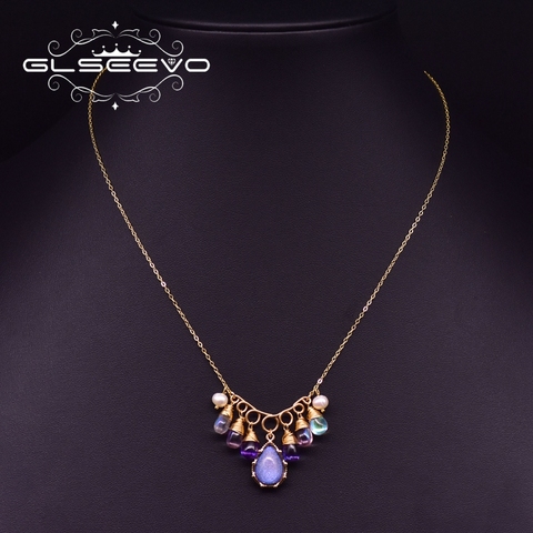 GLSEEVO-Colgante de cristal violeta hecho a mano para mujer y niña, Plata de Ley 925, regalo para amantes, joyería de perlas naturales GN0188 ► Foto 1/6