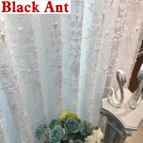 Cortina de tul con bordado de perlas de encaje blanco para sala de estar, pantalla geométrica nórdica de moda para ventana, decoración de boda acabada, ZH040F ► Foto 1/6