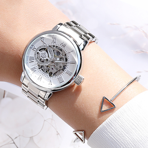 Reloj Mecánico de marca de lujo para mujer, con esqueleto, automático, plateado ► Foto 1/6