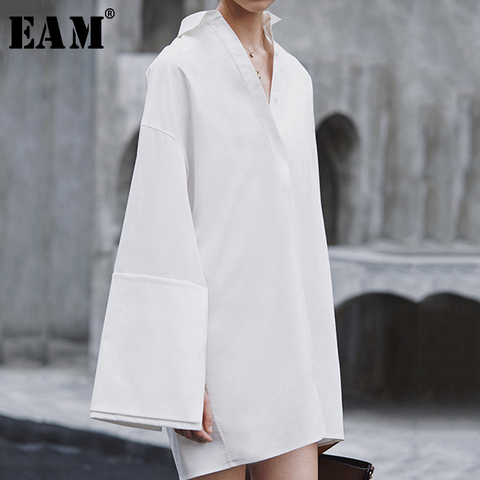 [EAM] 2022 nueva primavera otoño Turn-down Collar manga larga empalmado suelto tamaño grande temperamento vestido mujeres blusa moda JX816 ► Foto 1/6