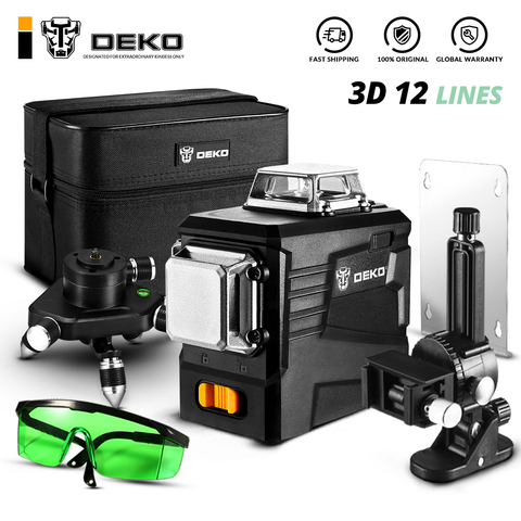 DEKO-Nivel láser verde 3D, 12 líneas, DKLL12PB2 Set 2, con líneas horizontales y Cruz Vertical autonivelantes automáticas con trípode ► Foto 1/6