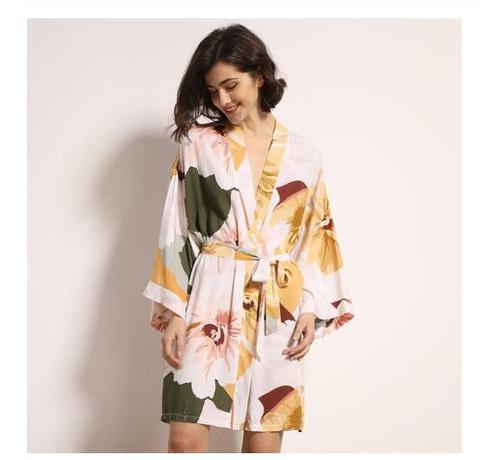 Nueva ropa de dormir traje de primavera fina de algodón-Mujeres de seda camisón estampado de flores manga larga pijama Albornoz para mujer ► Foto 1/6