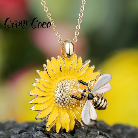 Collar con colgante de abeja de diseño creativo para mujer y niña, cadena de esmalte amarillo chapado en oro, girasol y margaritas, regalos ► Foto 1/6