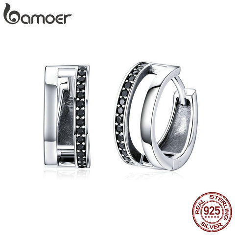 BAMOER-pendientes clásicos de Plata de Ley 925 para mujer, aretes de aro simples de doble círculo redondo negro de CZ para mujer, joyería fina, regalo SCE444 ► Foto 1/6