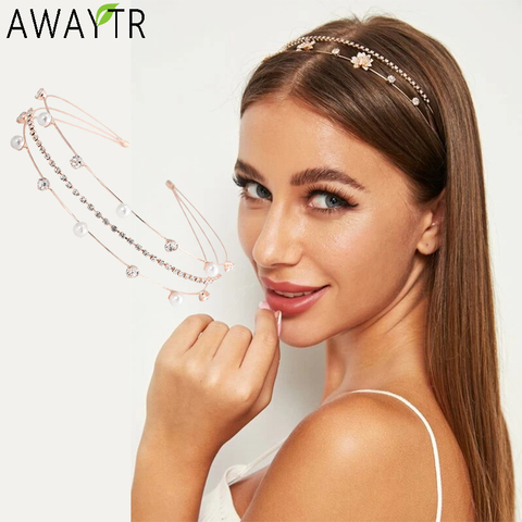 AWAYTR-aros para el pelo con bisel para mujer, bandana Coreana de doble hilera, diadema de 3 drenaje, accesorios para el cabello de perlas ► Foto 1/6