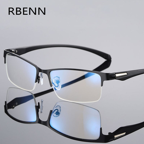 RBENN-gafas de lectura con luz azul para hombre, anteojos de lectura masculinos, semimontura de Metal, con lector de ordenador de negocios, antitensión + 0,75 1,75 2,75 5,0 ► Foto 1/6