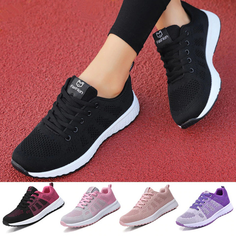 Zapatillas ligeras para mujer, zapatos planos con cordones de malla transpirable, informales, zapatos deportivos para caminar, Tenis negros de verano ► Foto 1/6