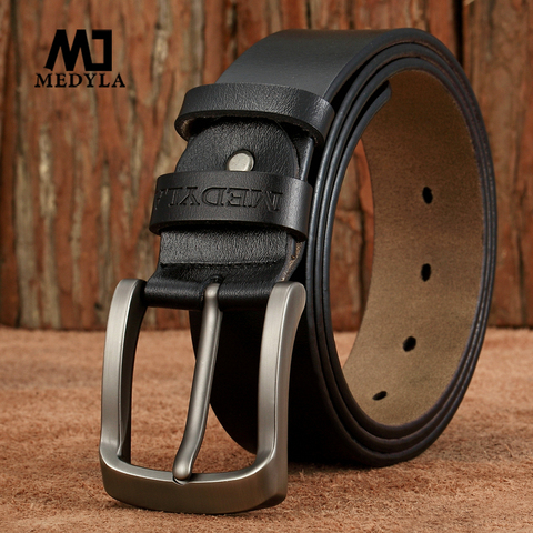 MEDYLA-cinturones de cuero de vaca para hombre, cinturón de cuero genuino, hebilla de Pin de aleación suave ► Foto 1/6
