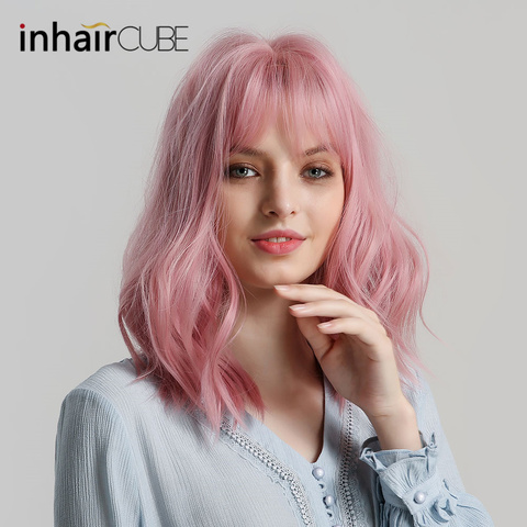 Inhaircube-pelucas de pelo sintético para mujer, pelo sintético ondulado Natural de Lolita con flequillo, color rosa, 14 pulgadas, simulación Real, Envío Gratis ► Foto 1/6