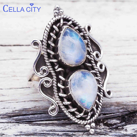 Cellacity-anillo Vintage de plata 925 tailandesa para mujer, joyería fina con agua en forma de gota, piedra lunar, piedras preciosas, regalo para fiesta ► Foto 1/6