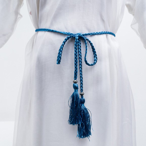 Cinturón de estilo chino para mujer, cinturón de estilo chino trenzado con borla, fino, decorado con nudo, color negro, liso ► Foto 1/6
