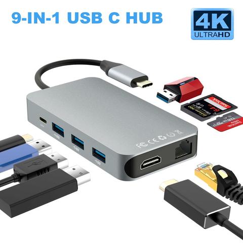 Thunderbolt 3 USB C a USB-C compatible con HDMI 4K a 30hz USB3.0 Micro SD/lector de tarjetas TF RJ45 1000mbps adaptador de HUB con la policía de carga ► Foto 1/6