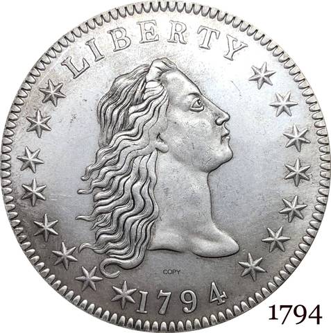 Moneda americana de Estados Unidos, 1794 Liberty Flowing Hair, moneda bañada en plata de cuproníquel de un dólar, copia de monedas ► Foto 1/6