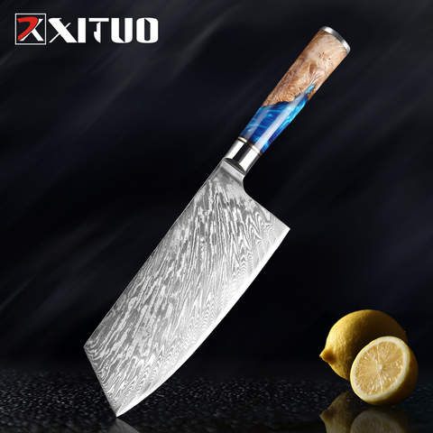 XITUO-cuchillo de cocina de 67 capas, japonés, acero de Damasco VG10, cuchillo de cocina de carnicero, azul, resina de colores, mango de madera, herramientas de cocina casera ► Foto 1/1