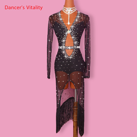 Vestido de baile latino para mujer, con cuello en V de diamante, mangas largas abiertas, trajes de competición para Salsa, Tango, Rumba, flamenco, salón de baile latino ► Foto 1/6