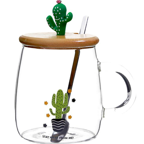 Taza de té de Cactus con tapa de madera y cuchara, taza de café de vidrio de borosilicato, 450ml, taza transparente para beber para zumo de fruta, café y té ► Foto 1/6