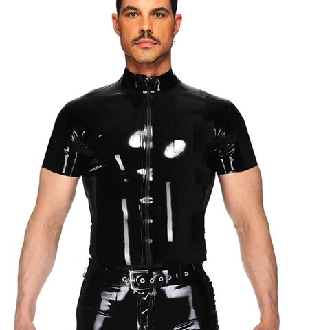 Camisetas de cuero de PVC para hombre, ropa de Fitness ajustada, Punk, negra, de manga corta, con cremallera, para escenario, Sexy, para fiesta y discoteca ► Foto 1/6