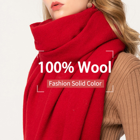 100% de invierno bufanda pura lana para mujeres color rojo sólido Echarpe Wraps para Fular de mujer Femme con borla caliente lana Merino bufandas Cachemira ► Foto 1/6