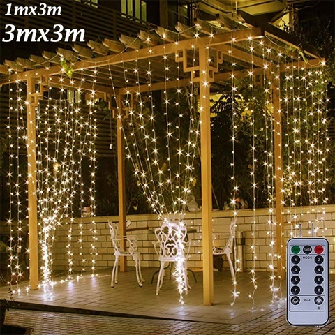 Cortina de luces LED de 3M x 3M, decoración romántica de Navidad y boda, guirnalda de luces tipo cortina al aire libre, control remoto, 8 modos, USB, 300 ► Foto 1/6