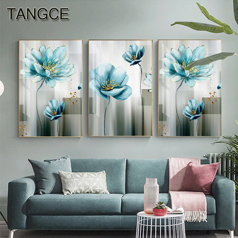 Lienzo abstracto pintura azul y dorado flor imprimir cartel moderno de pared nórdicos imágenes artísticas para sala de estar dormitorio hogar decorativo ► Foto 1/6