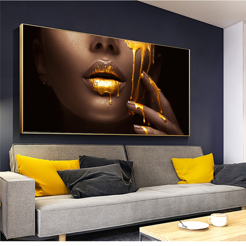 Pinturas sobre lienzo de cara de mujer negra con líquido dorado, pósteres e impresiones de Cuadros para decoración de sala de estar ► Foto 1/6