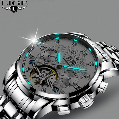 LIGE-Reloj de pulsera para hombre, accesorio Masculino resistente al agua con mecanismo automático de Tourbillon y esqueleto, 2022 ► Foto 1/6