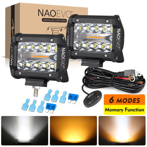 NAOEVO-Barra de luz Led antiniebla, luz de trabajo de 4 pulgadas, 6 modos, 120w, color ámbar y blanco, con función de memoria, para camión, barco, Jeep, todoterreno ► Foto 1/6