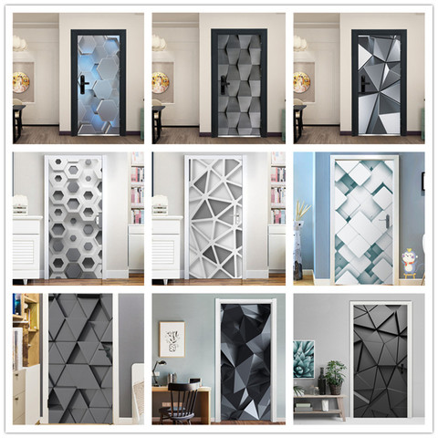 Mural de puerta geométrico 3D moderno, autoadhesivo de PVC, adhesivo impermeable para pared, sala de estar, decoración de puerta creativa, póster ► Foto 1/6