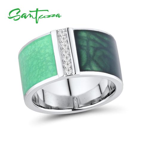 SANTUZZA anillos de plata para las mujeres genuino 925 plata esterlina verde geométrica espumoso CZ delicado de moda de joyería de esmalte hecho a mano ► Foto 1/6