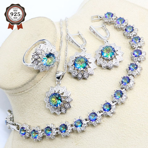 Clásico Arco Iris pendientes y collar con circones establece para las mujeres de Color plata anillo pulseras colgantes arcoíris para boda conjuntos de joyas ► Foto 1/6