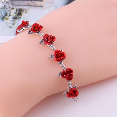 Pulsera estilo romántico con cadena de eslabones de 22cm de oro rosa con Rosa esmaltada roja regalo de San Valentín para amante ► Foto 1/6