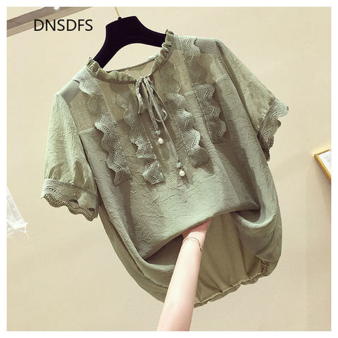 Camisa de talla grande para Mujer, camisetas rosas de Blanco Simple, Blusas de chifón informales de encaje de manga corta, ropa coreana para Mujer ► Foto 1/6