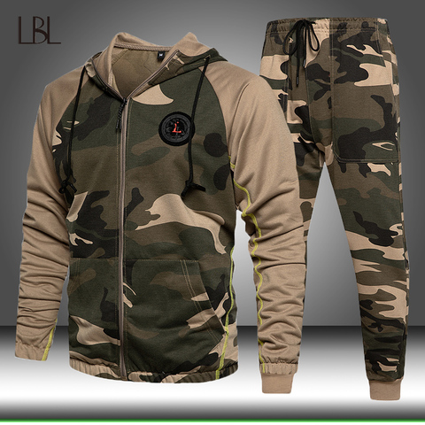 Conjunto de chándal de 2 piezas para hombre, Sudadera con capucha y pantalones, Jersey, ropa deportiva, traje de camuflaje para correr, ropa de invierno ► Foto 1/6