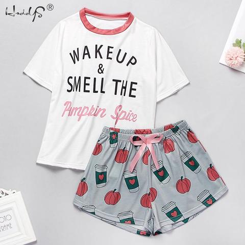 Pijama con estampado de dibujos animados para mujer, camisetas de manga corta y pantalones cortos, para verano ► Foto 1/6