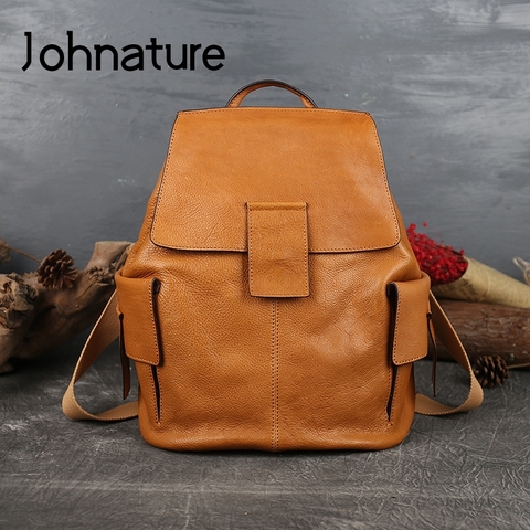 Johnature-mochila Retro de piel auténtica para mujer, bolso de piel de vaca de gran capacidad, de viaje, de Color sólido, para ocio, 2022 ► Foto 1/6