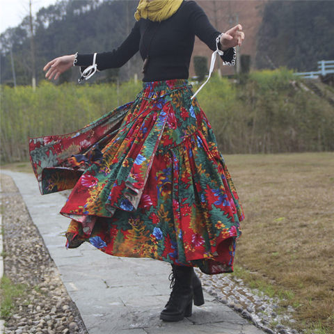 Falda larga de lino y algodón con estampado floral para Mujer, falda larga con estampado de flores y estilo étnico, cintura elástica, corte Irregular, f2663 ► Foto 1/6