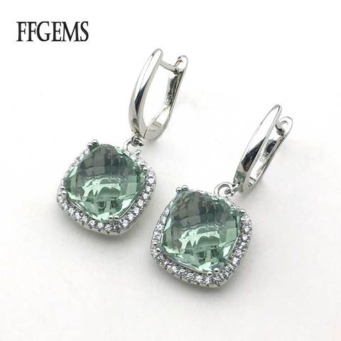 FFGems verde Natural de cristal cuadrado de piedra grande colgar de Plata de Ley 925 de la gota pendiente para las mujeres de la boda caja de regalo al por mayor ► Foto 1/6