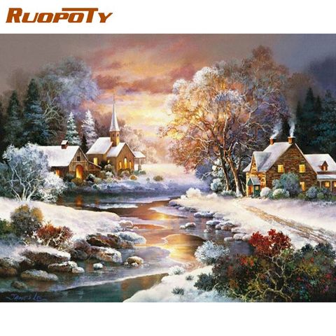 RUOPOTY-Kits de imágenes por números para niños, paisaje de Navidad al atardecer en invierno, pintura por número, decoración de pared para el hogar, obra de arte ► Foto 1/6