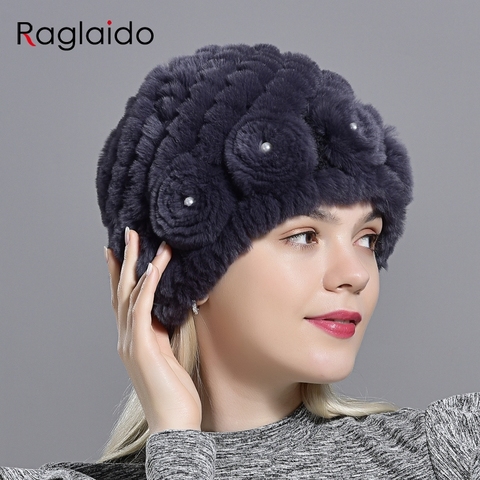 Gorros de invierno para mujeres con estilo cálido gorros gruesos para damas Natural de piel de conejo Rex sombrero con perlas nueva moda gorros florales ► Foto 1/6