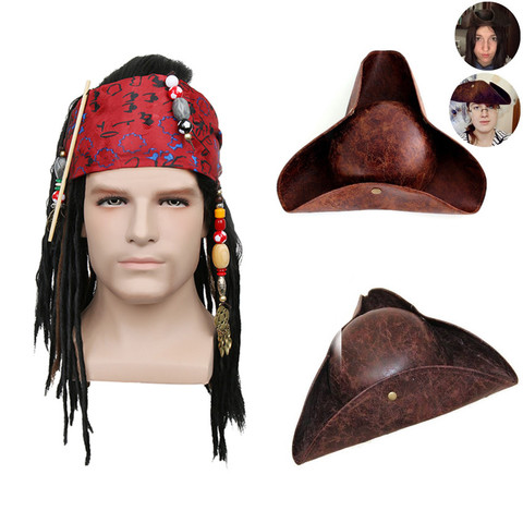 Disfraz de pirata Medieval para hombres adultos, Peluca de cabello largo, sombrero de tricornio, Halloween, accesorios ► Foto 1/6