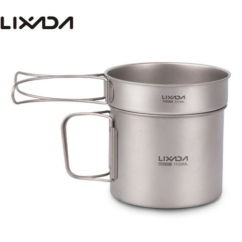 Lixada-Juego de utensilios de cocina ultraligeros de titanio, juego de utensilios de cocina para acampar al aire libre, olla de 900ml y sartén de 350ml con asas plegables ► Foto 1/6