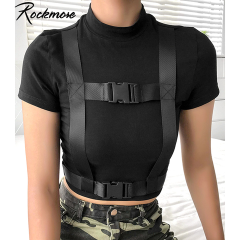 Rockmore negro ajustado gótico doble camiseta hebilla mujeres algodón camisetas de manga corta Mujer Casual Streetwear Crop camisetas ► Foto 1/6