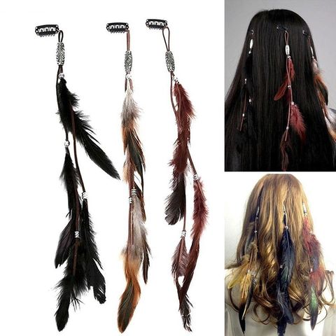 Bohemio diadema de plumas Scrunchies Tribal bandas para el cabello de las mujeres chica Hippie que teje el pelo Clip para el cabello accesorios pelo sombreros de cuerda ► Foto 1/6