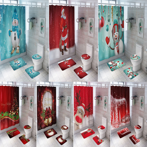 Feliz conjunto de baño navideño muñeco de nieve Santa Claus patrón de alces Cortina de ducha impermeable cubierta de inodoro alfombra antideslizante decoración del hogar ► Foto 1/6