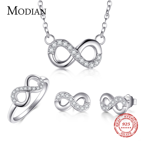 Modian-Conjunto de joyería de plata sólida 925, joyería de circonia cúbica transparente, anillo de amor infinito, pendientes de tuerca clásicos, cadena de collar de moda 2017 ► Foto 1/1