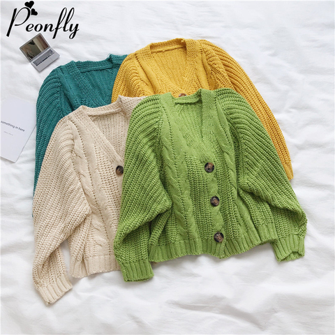 PEONFLY-suéter de punto de estilo coreano para Mujer, de manga larga cárdigans, cárdigan de un solo pecho para Mujer, suéteres sólidos, suéter para Mujer ► Foto 1/6