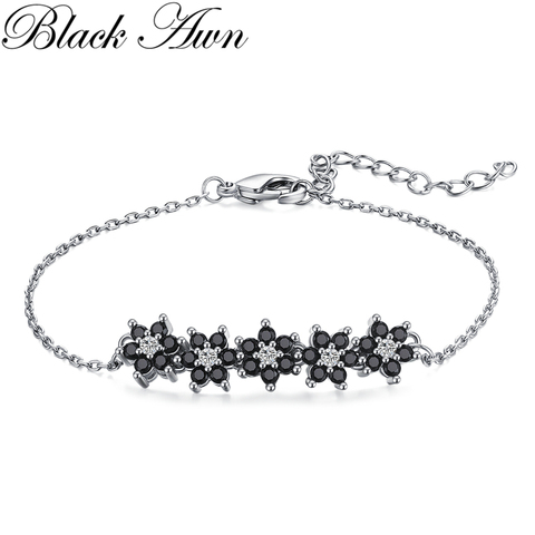 AWN-pulsera de plata de ley 925 con flores, brazalete con abalorios, joyería de boda, color negro, S005 ► Foto 1/5