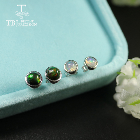 TBJ-pendiente de ópalo negro redondo para niñas, 4mm, 5mm, Ópalo Natural de Etiopia, joyería de piedras preciosas de Plata de Ley 925, regalo para hija ► Foto 1/6