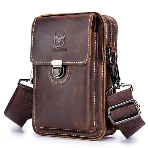 BULLCAPTAIN Crazy horse cuero Hombre cintura paquetes teléfono bolsa cintura bolsa hombres pequeño pecho hombro cinturón bolsa pequeña mochila ► Foto 1/6