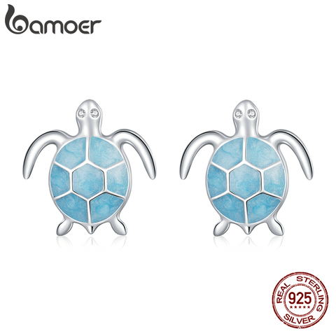 Bamoer azul plata tortuga Stud 100% pendientes de plata de ley 925 esmalte plateado de dibujos animados de animales pendiente para las mujeres joyería de moda SCE1035 ► Foto 1/6